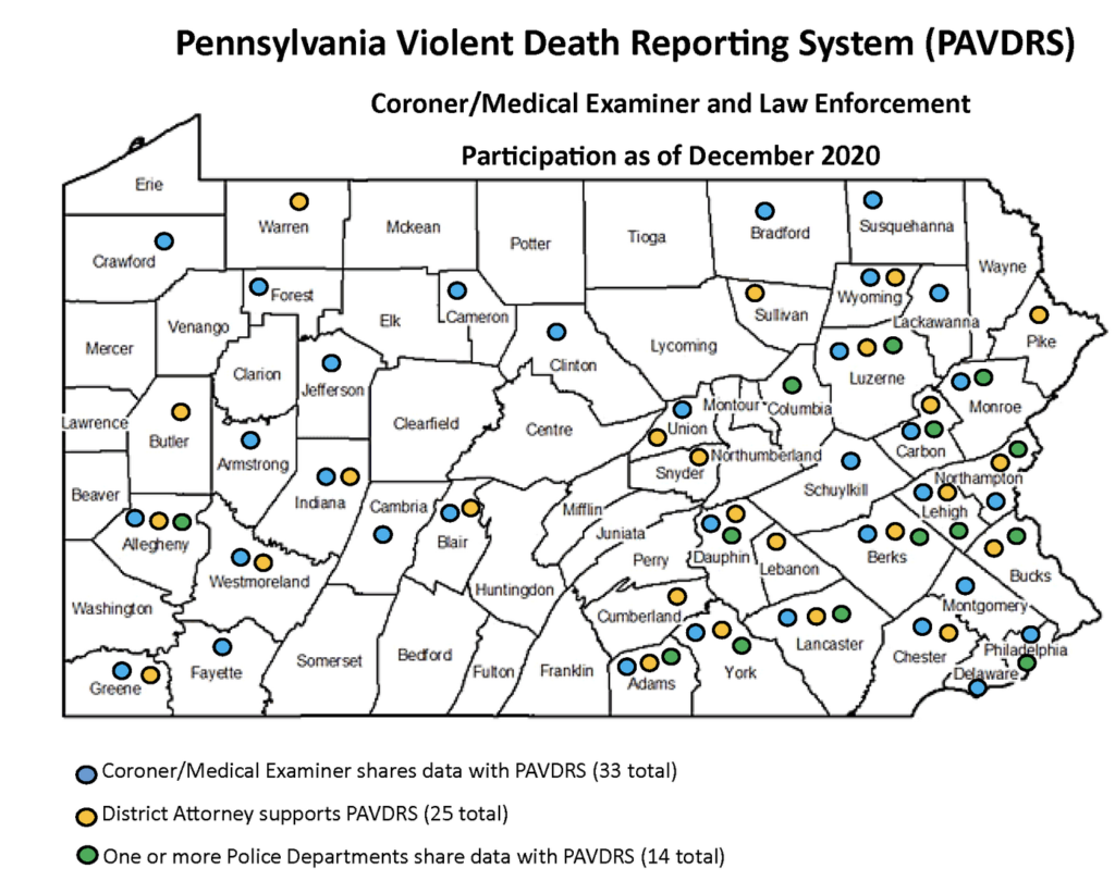 Pennsylvania county map showing participants in PAVDRS as of December 2020