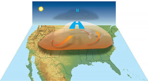 Color graphic of high pressure heat dome over map of United States