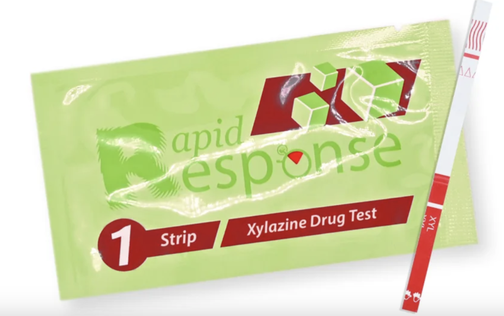 Image shows a xylazine test strip and packaging that became available in 2023.