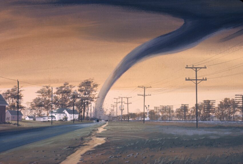 Image of tornado funnel above a highway and houses; image illustrates one cause of a disaster that might require DMORT support