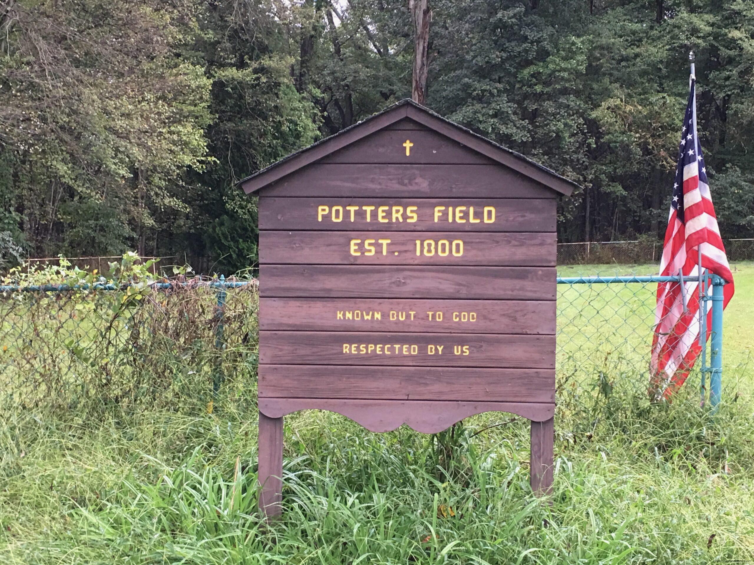 Image of wooden sign with the words Potters Field, Est 1800, set in a grassy field with trees in background