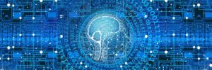 computer-generated image of digital symbols surrounding a human skull