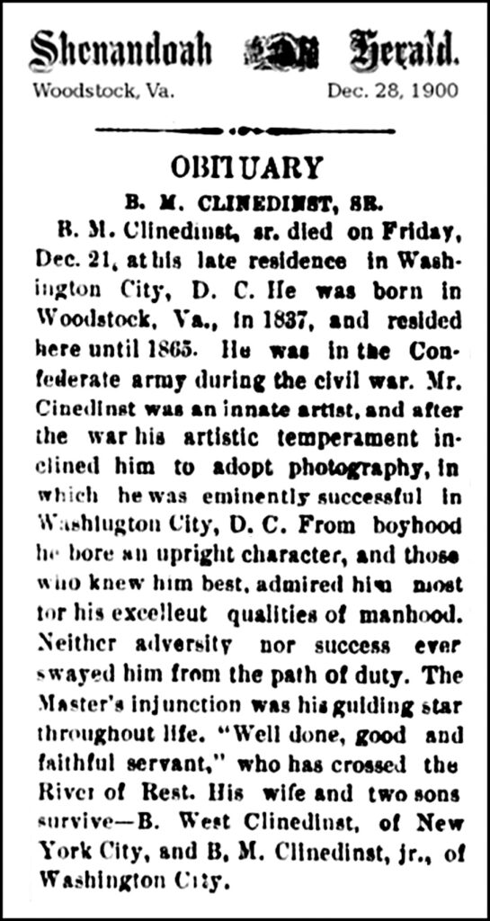Photo of an obituary in a 1900 issue of the Shenandoah Herald newspaper