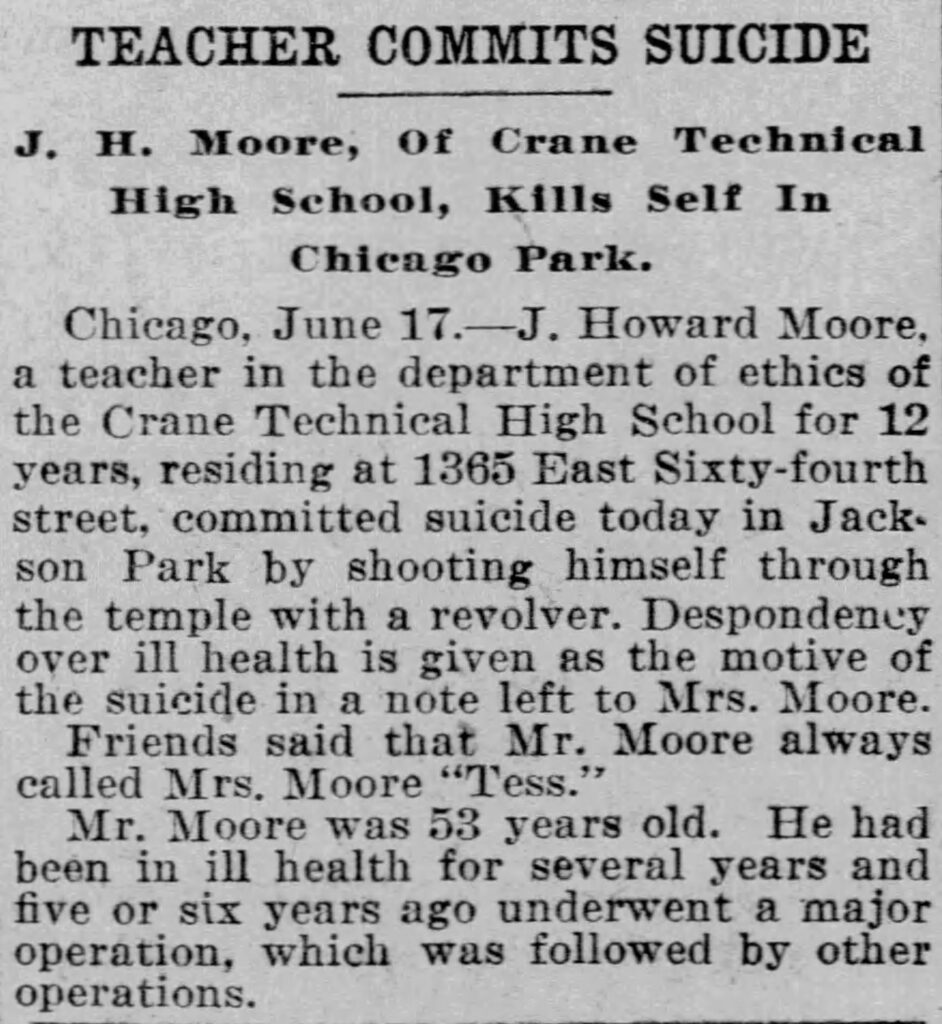 Photo of a 1916 Baltimore Sun newspaper obituary for J.H. Moore, a teacher and animal rights activist
