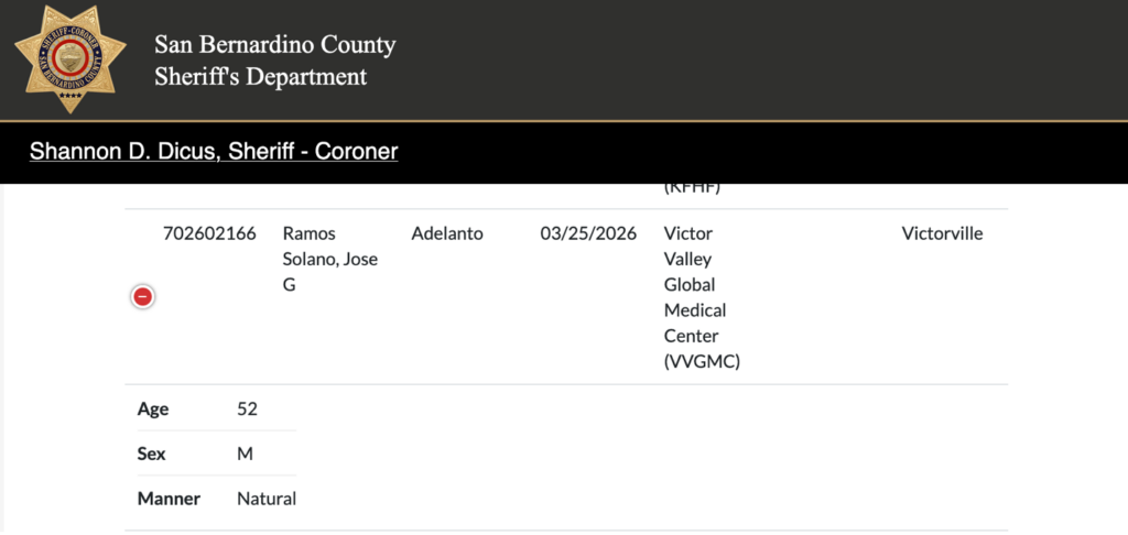 Screenshot of Sheriff's website listing death of Ramos-Solano, age 52, natural manner