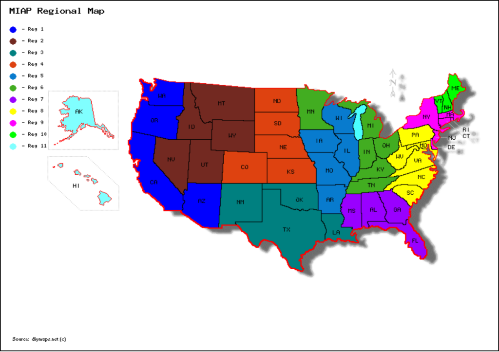 Map of U.S. with MIAP regions shown in different bright colors